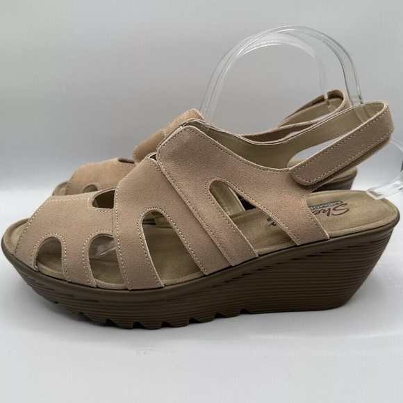Skechers Women’s 10 Tan Memory Foam Parallel Stylin Wedge Heel Slingbacks Suede - Picture 4 of 7